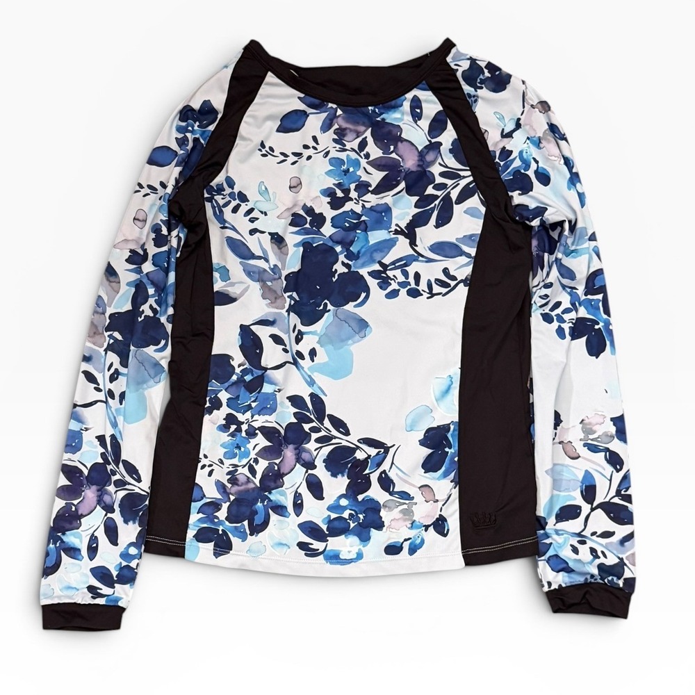 Kastel Denmark Womens Floral Long Sleeve Sun Shirt Blue White Black Medium